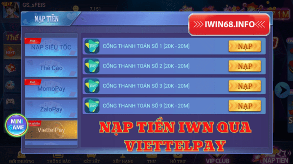 Cách nạp tiền IWIN với viettelpay